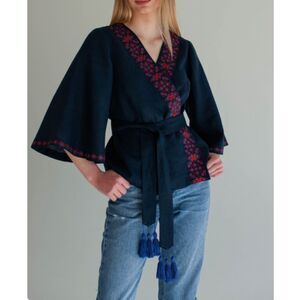 Etno Soul Blue Linen Embroidered Vyshyvanka Wrap Blouse Butterfly Sleeve No Belt